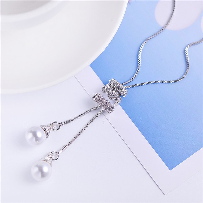 Simple Long Pearl Pendant Ladies Alloy Rose Gold And Silver Long Necklace Pendant Wild Rhinestone Tassel Gift Necklace