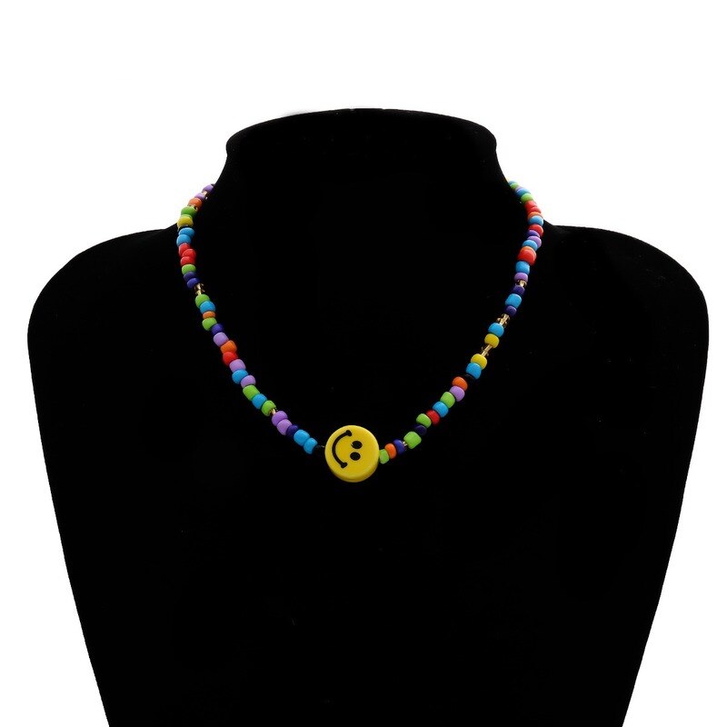 Simple Multicolor Acrylic Beads Necklace Women Girls Short Necklace Yellow Smile Face Choker Collares Necklace Jewelry