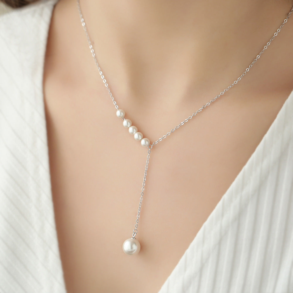 Simple Shell Pearl 925 Silver Dangling Necklace