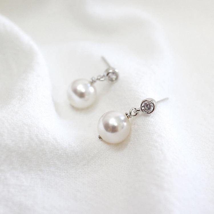 Simple Shell Pearl CZ 925 Sterling Silver Dangling Earrings