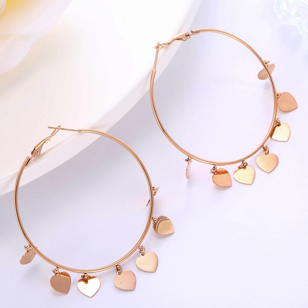 Simple Stainless Steel Love Heart Hoop Earrings Gold Silver Color Big Circle Tassel Charm Earring For Women Girls Jewelry Mujer