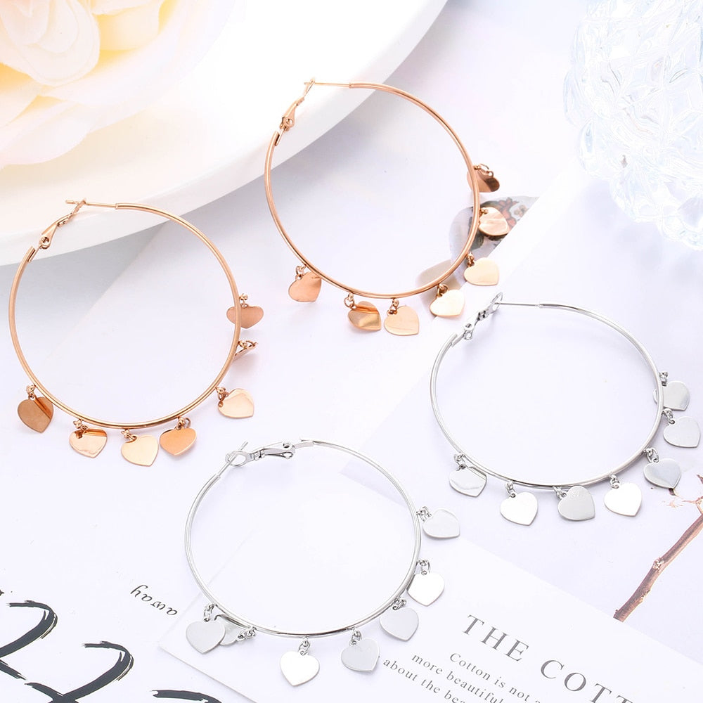 Simple Stainless Steel Love Heart Hoop Earrings Gold Silver Color Big Circle Tassel Charm Earring For Women Girls Jewelry Mujer