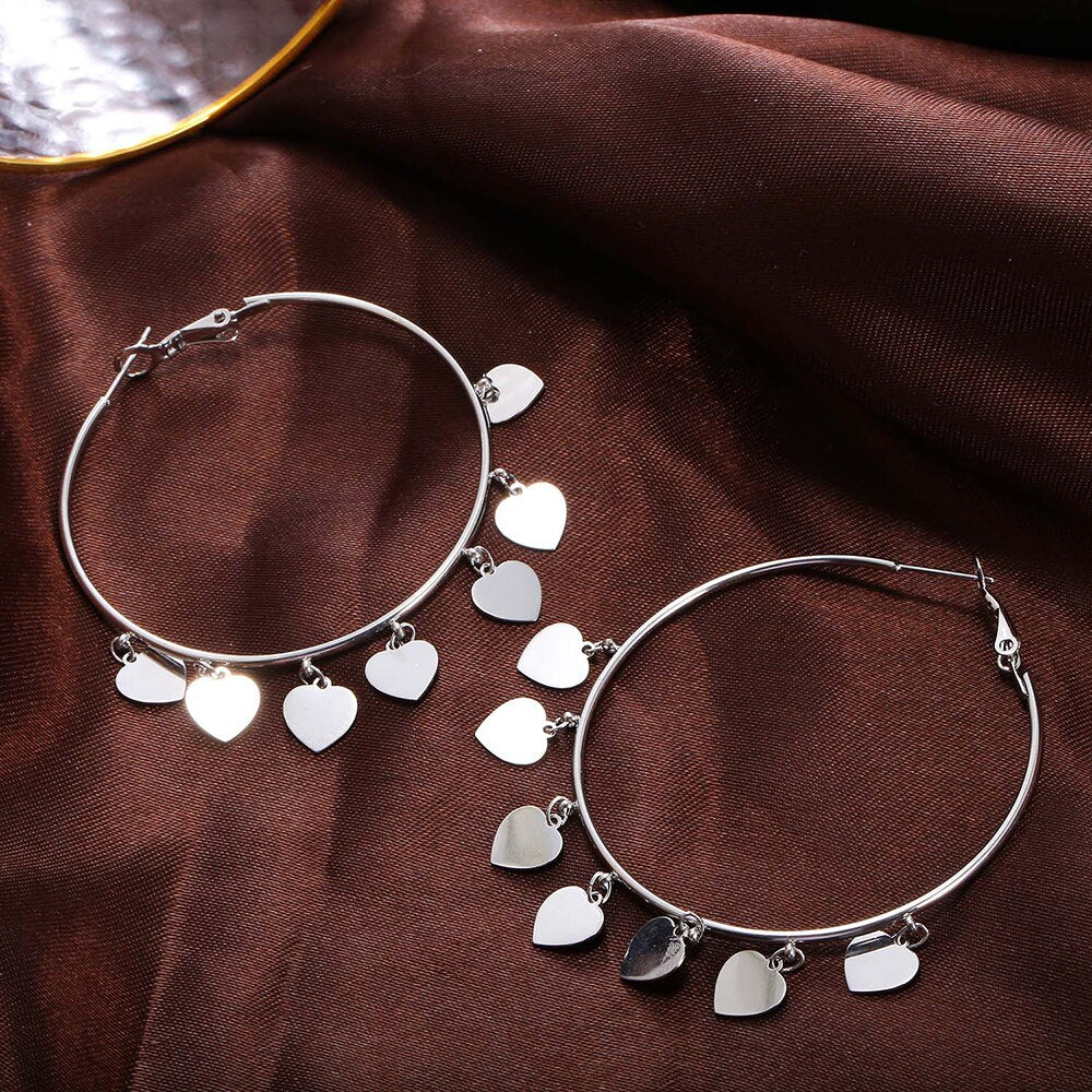 Simple Stainless Steel Love Heart Hoop Earrings Gold Silver Color Big Circle Tassel Charm Earring For Women Girls Jewelry Mujer