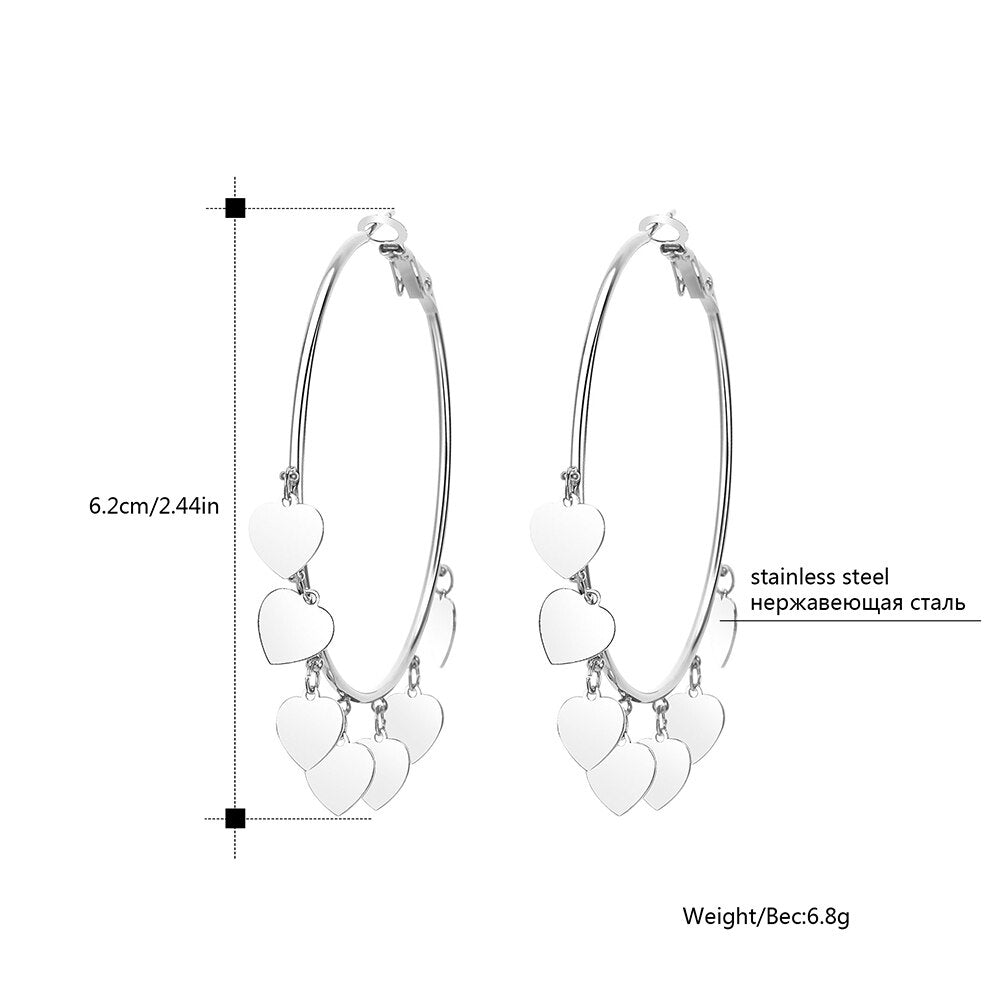 Simple Stainless Steel Love Heart Hoop Earrings Gold Silver Color Big Circle Tassel Charm Earring For Women Girls Jewelry Mujer