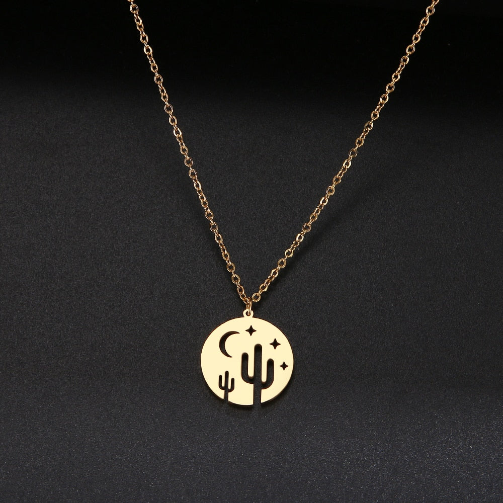 Simple Star & Moon Cactus Pendant Necklace For Women Bijoux Maxi Statement Necklaces Collier Stainless Steel Jewelry