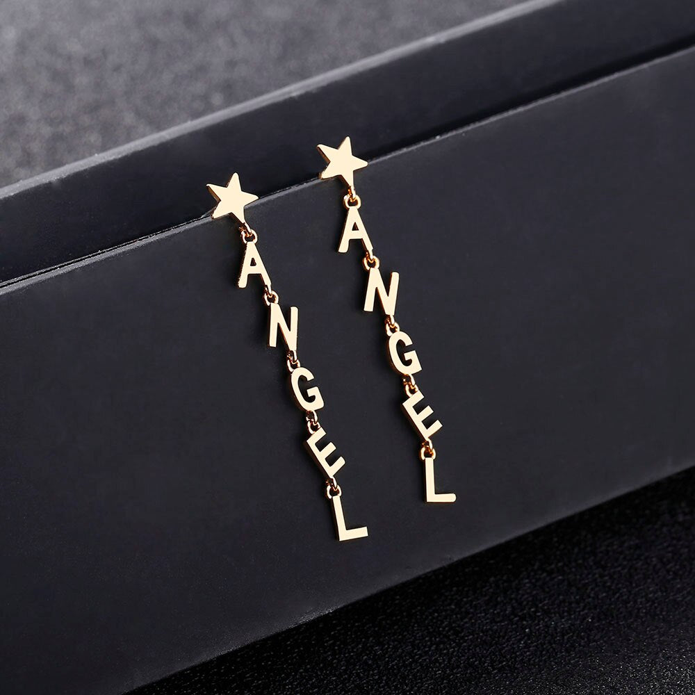 Simple Star Tassel Earring Gold Silver Color ANGLE Letter Earrings For Girl Lover Trendy Jewelry Accessories Gift  2022