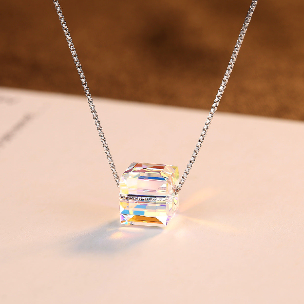 Simple Style 925 Sterling Silver Geometric Pendant Necklaces for Women Cute Square Crystal Box Chain Necklace LAN CAI Jewelry