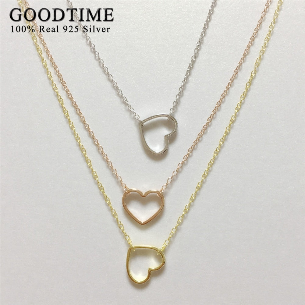 Simple Style Heart Necklace Silver 925 Women Jewelry Real Solid Sterling Silver Jewelry 3 Colors Link Chain & Pendants