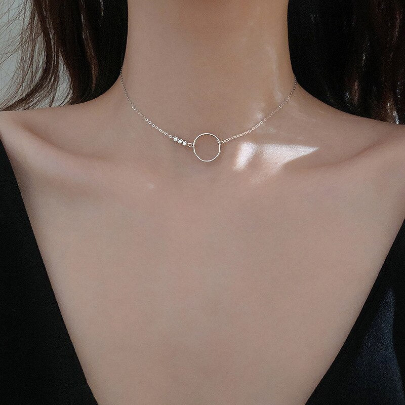 Simple Style Silver Color Circle Geometry Chain Necklace Designer Shiny Zircon Round Necklace For Girl Women Jewelry