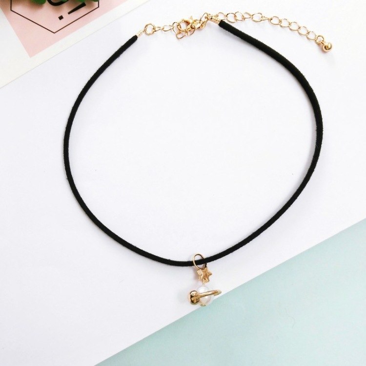 Simple Temperament Fashion Earth Gold-color Star Sweet Pendant Choker Necklace Colorful Planet Black Leather S Necklace