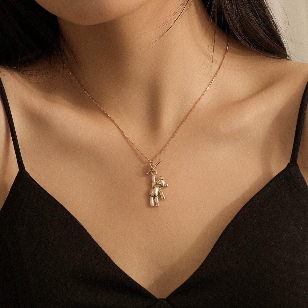 Simple Trendy Hand-made Exquisite Personality Cute Weightlifting Bear Pendant Choker For Women Charm Jewelry Gifts