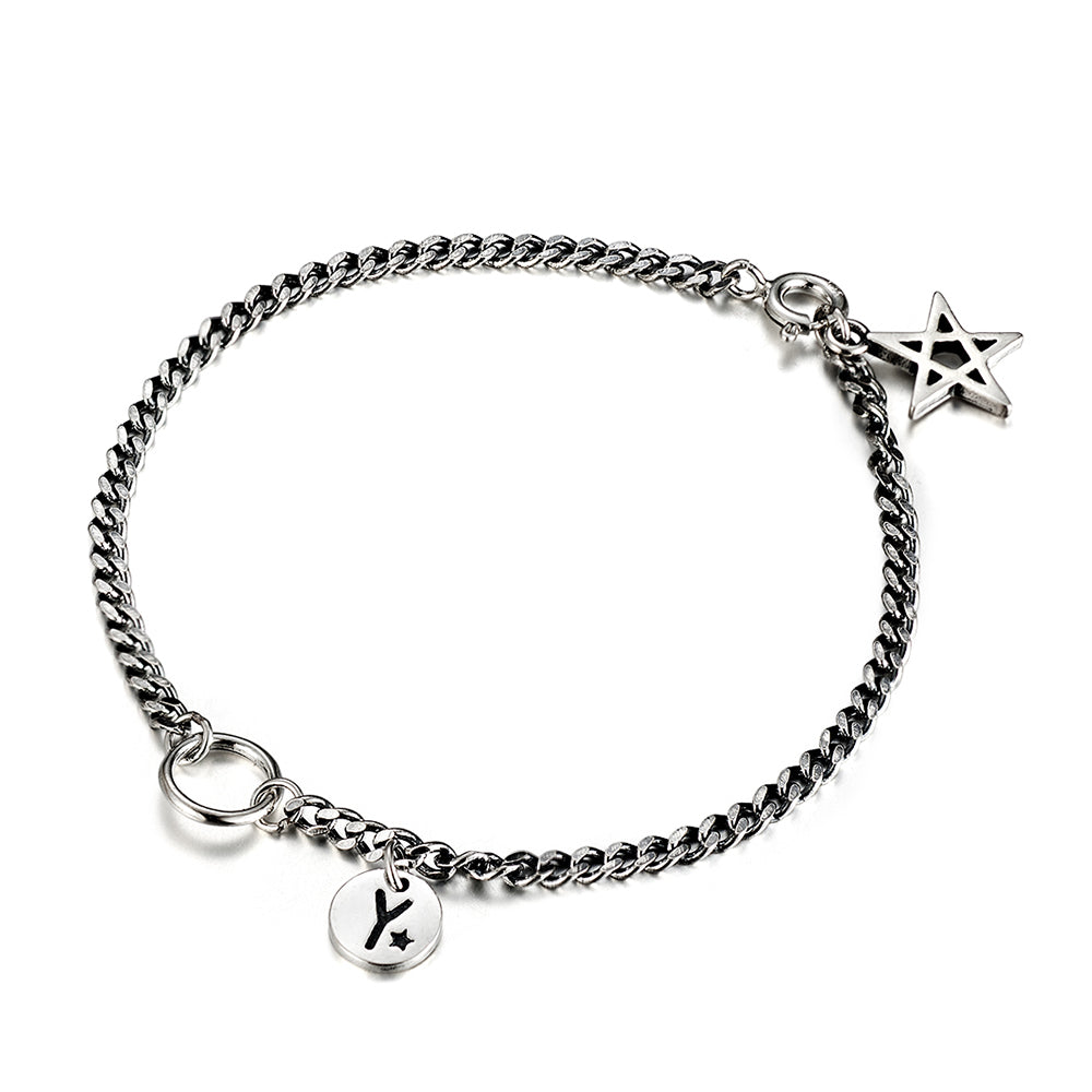Simple Vintage Thai Silver 925 Cuban Chain Link Bracelet With Pentagram Star Circle Coin Charms Bracelets For Women W4 BM010