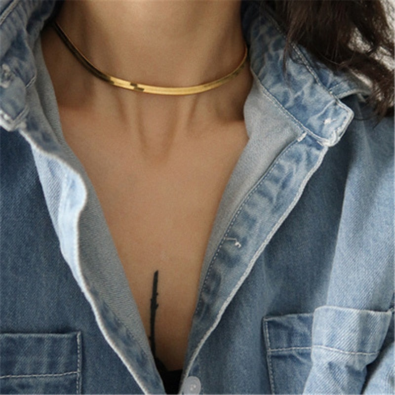 Simple Weaved Wide Chains Necklace Clavicle Textured Choker Necklaces for Women Vintage Necklace Collier Female Minimalist Chain