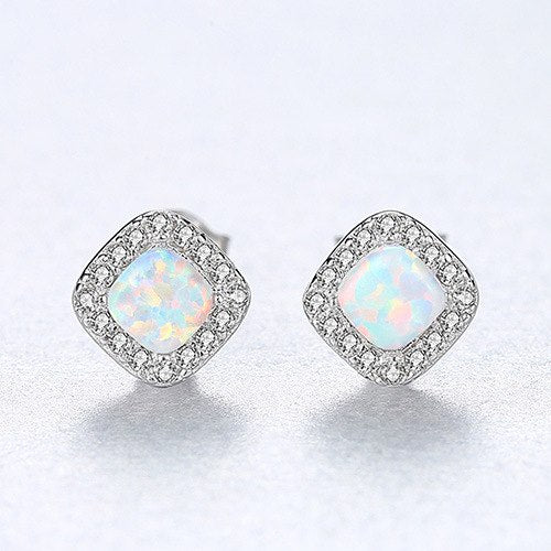 Simple rectangle CZ Stud Earrings Green Blue Opal 925 Silver Earrings for Women 3 Color Classic Fashion Jewelry Style Gift