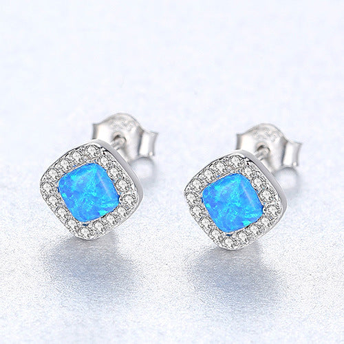 Simple rectangle CZ Stud Earrings Green Blue Opal 925 Silver Earrings for Women 3 Color Classic Fashion Jewelry Style Gift