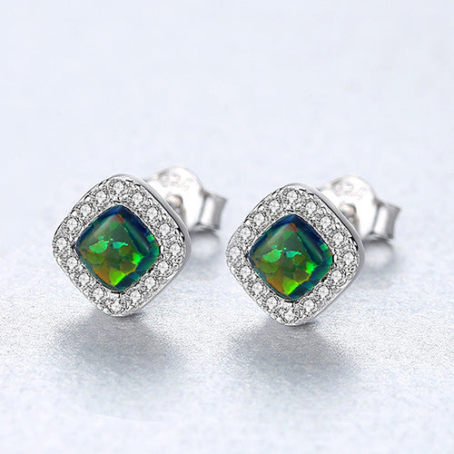 Simple rectangle CZ Stud Earrings Green Blue Opal 925 Silver Earrings for Women 3 Color Classic Fashion Jewelry Style Gift