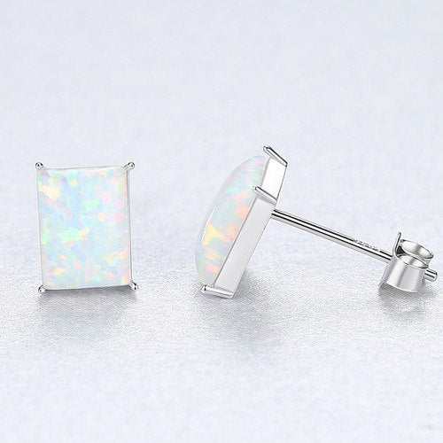 Simple rectangle Stud Earrings Blue Opal 925 Silver Earrings for Women 3 Color Classic Fashion Jewelry Style Gift