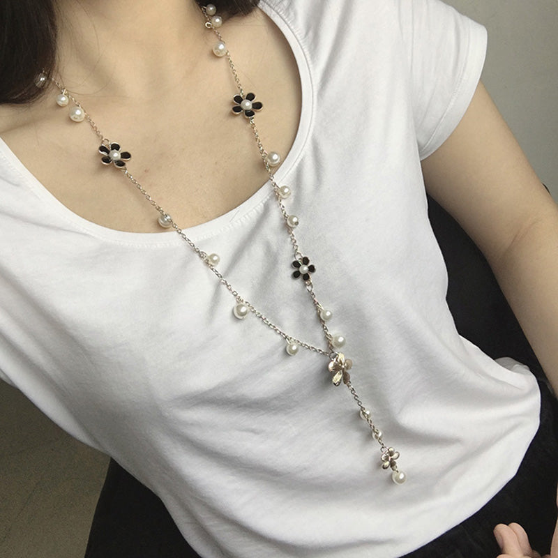 Simulated Pearl Long Necklace Tassel Sweater Necklace Women Jewelry Flower Statement Necklaces & Pendants Collier Femme