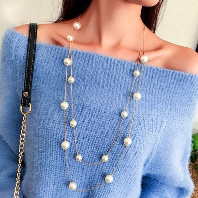 Simulated Pearls Long Chain Sweater Necklace Double Layer Lady Clavicle Collar Elegant Jewelry Party Prom Necklaces Pearl