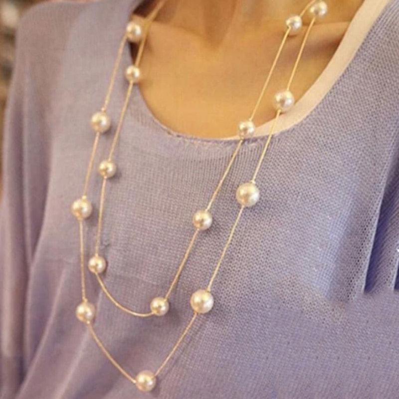 Simulated Pearls Long Chain Sweater Necklace Double Layer Lady Clavicle Collar Elegant Jewelry Party Prom Necklaces Pearl