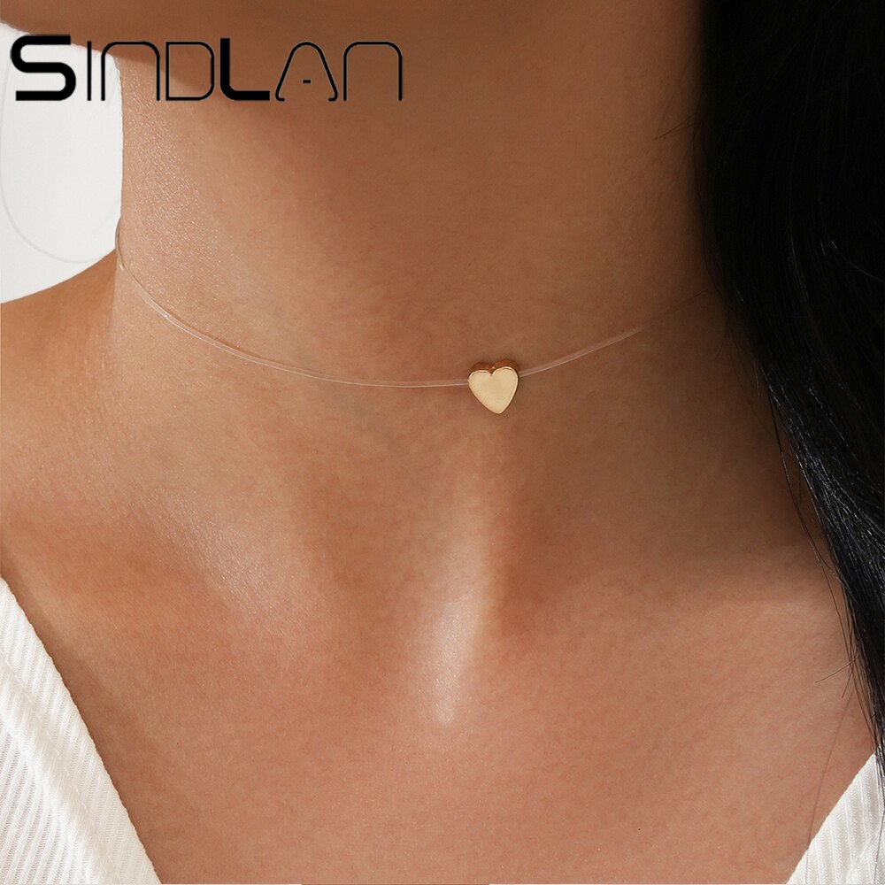 Sindlan 1Pc Sexy Fishing Line Gold Choker Necklace for Women Charm Transparent Metal Heart Female Neck Jewelry Collar