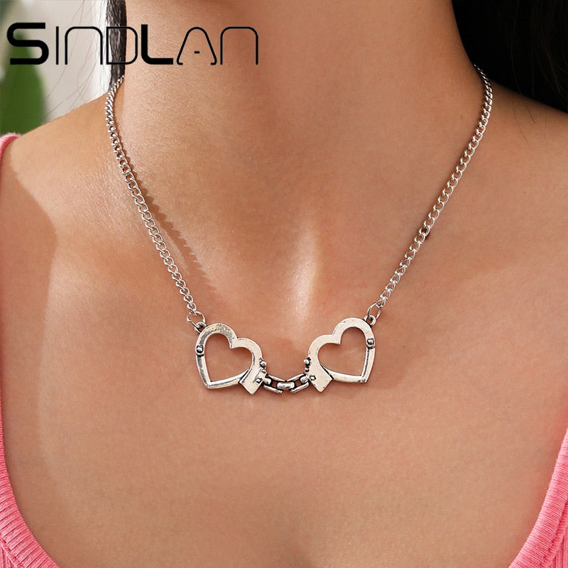 Sindlan 1Pc Streetwear Silver Color Heart Pendant Necklace for Women Punk Funny Handcuffs Shape Young Girls Cool Jewelry