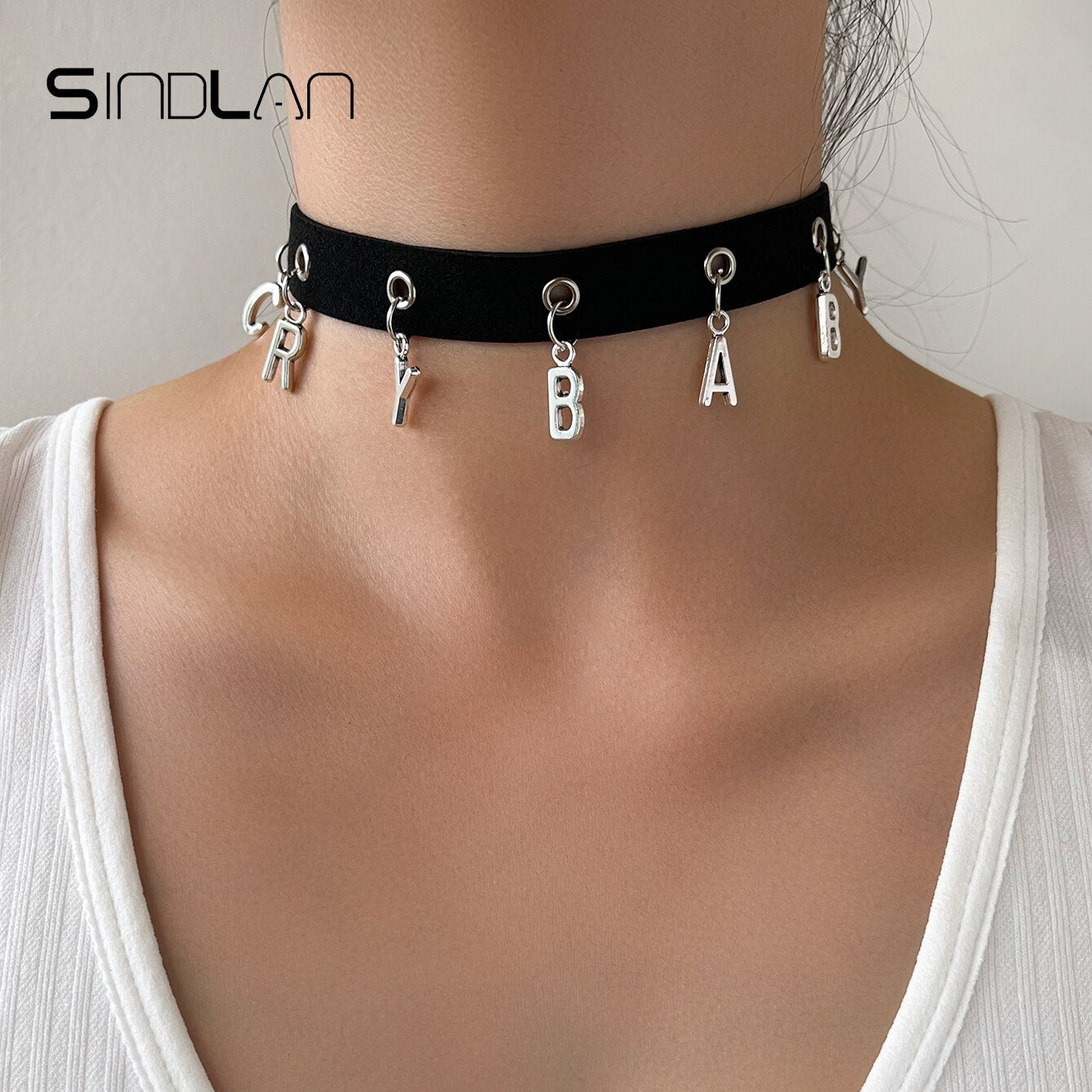 Sindlan One Piece Goth Punk Silver Color Crybaby Necklace for Women Sexy Streetwear Leather Female EMO ZA Choker Jewelry