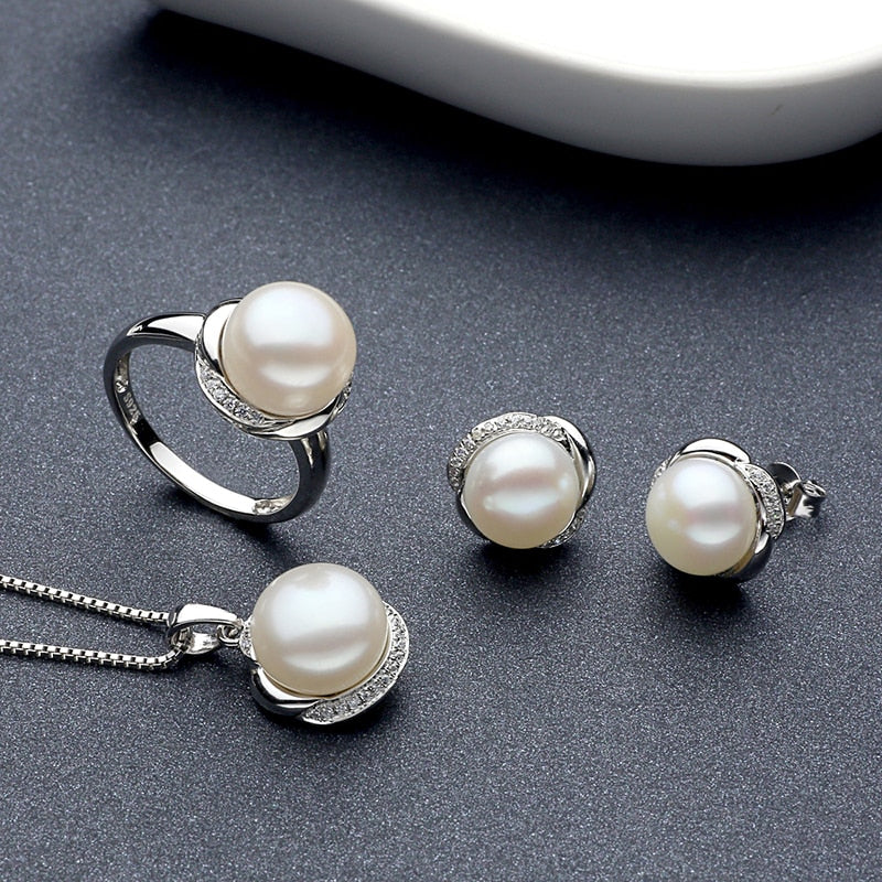 Fine jewelry set include Ring Earring and Necklace in 925 Sterling silver with natural pearl diameter 10-11mm for women