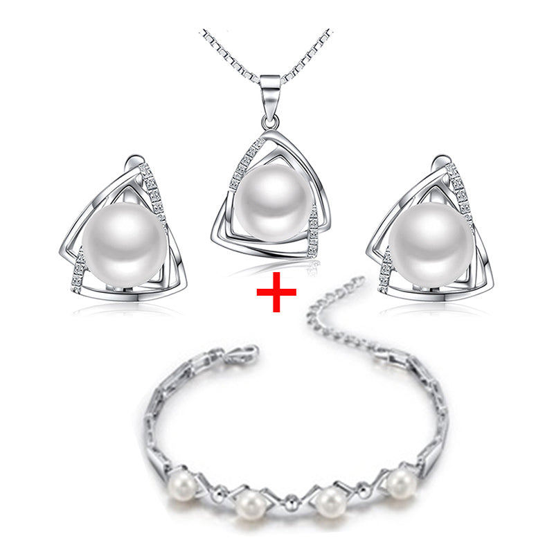 Hot Sale Fine Silver Pearls jewelry Set for women Include pendant necklace earring and bracelet gift to mother lover
