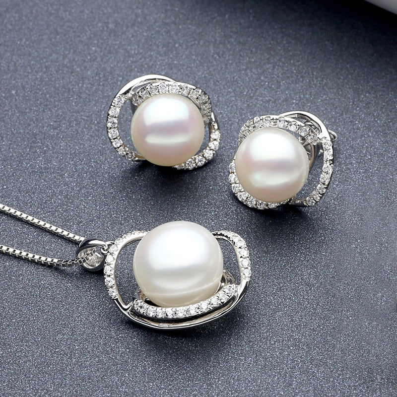 Real Natural Pearl Set for women Freshwater Pearl Jewelry Sets 925 Sterling Silver Earring Pendant Girl Wife Birthd Gift white