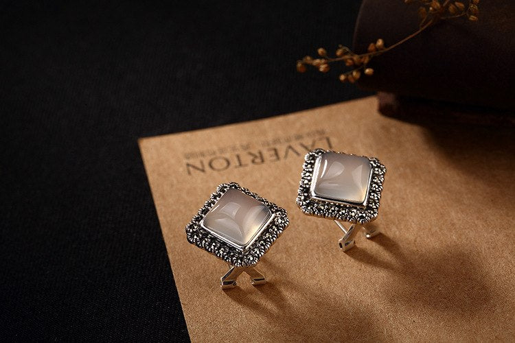 new Handmade 100% 925 sterling Silver vintage square mosaic stud Earrings Silver chalcedony ethnic Jewelry For women