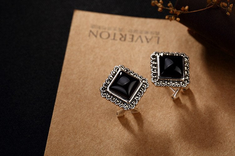 new Handmade 100% 925 sterling Silver vintage square mosaic stud Earrings Silver chalcedony ethnic Jewelry For women
