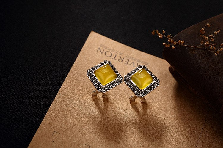new Handmade 100% 925 sterling Silver vintage square mosaic stud Earrings Silver chalcedony ethnic Jewelry For women