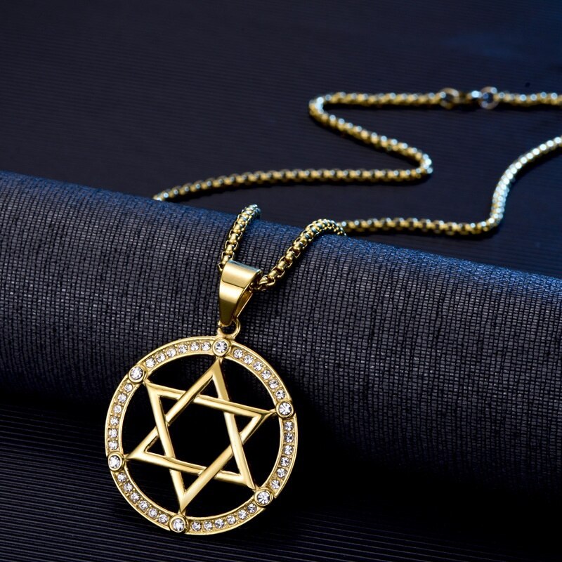Six-Pointed Star Round Hollow Pendant Necklace Men's and Women's Necklaces Metal Crystal Inlaid Pendant Accessorie Party Jewelry