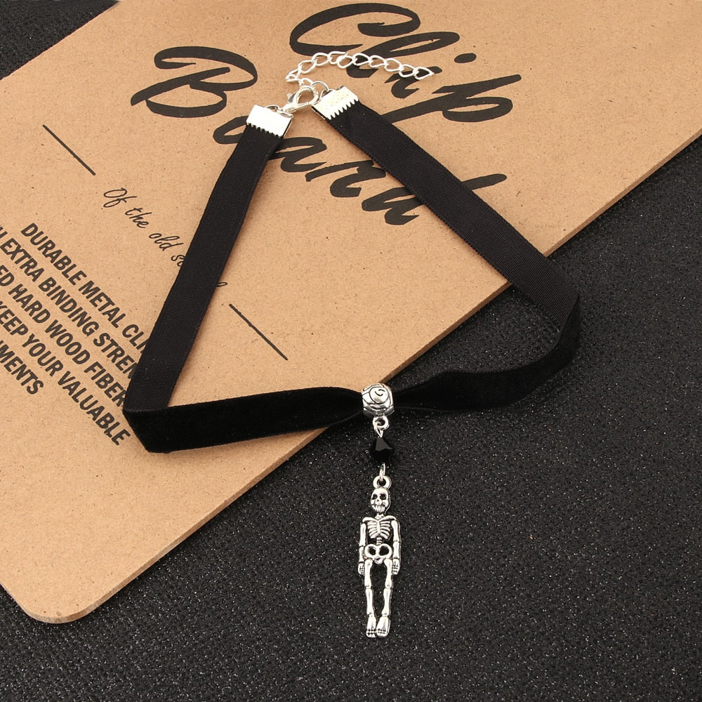 Skeleton Charms Choker Gothic Necklace Witch Pagan Black Faux Suede Cord Collar Jewelry