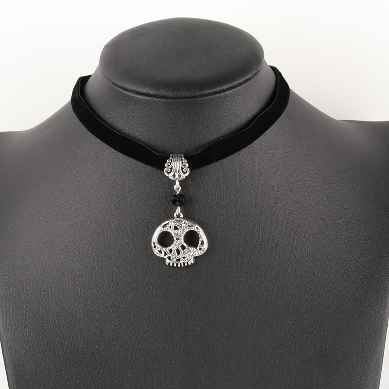 Skeleton Charms Choker Gothic Necklace Witch Pagan Black Faux Suede Cord Collar Jewelry