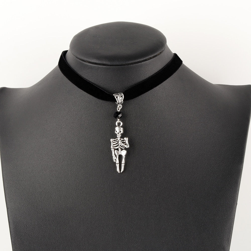 Skeleton Charms Choker Gothic Necklace Witch Pagan Black Faux Suede Cord Collar Jewelry