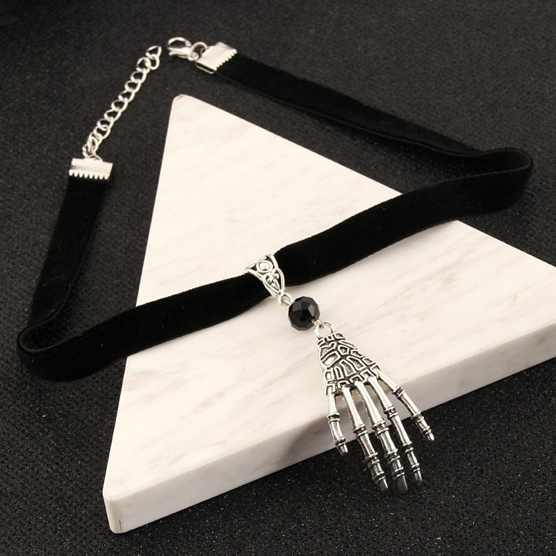 Skeleton Charms Choker Gothic Necklace Witch Pagan Black Faux Suede Cord Collar Jewelry