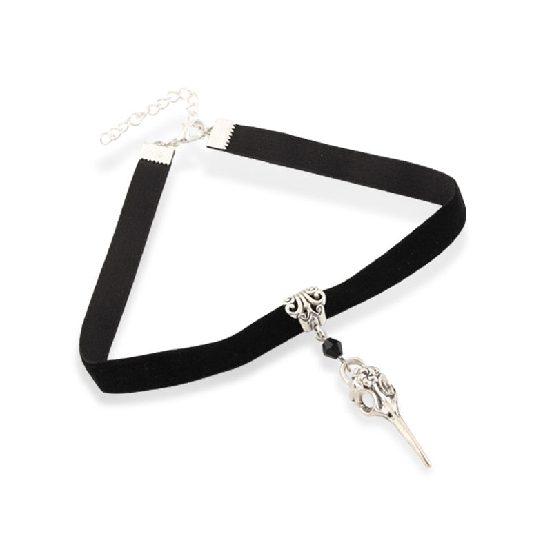 Skeleton Charms Choker Gothic Necklace Witch Pagan Black Faux Suede Cord Collar Jewelry