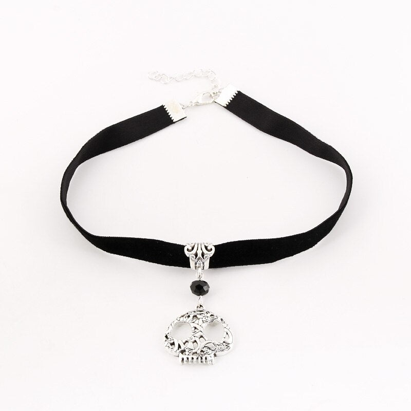Skeleton Charms Choker Gothic Necklace Witch Pagan Black Faux Suede Cord Collar Jewelry