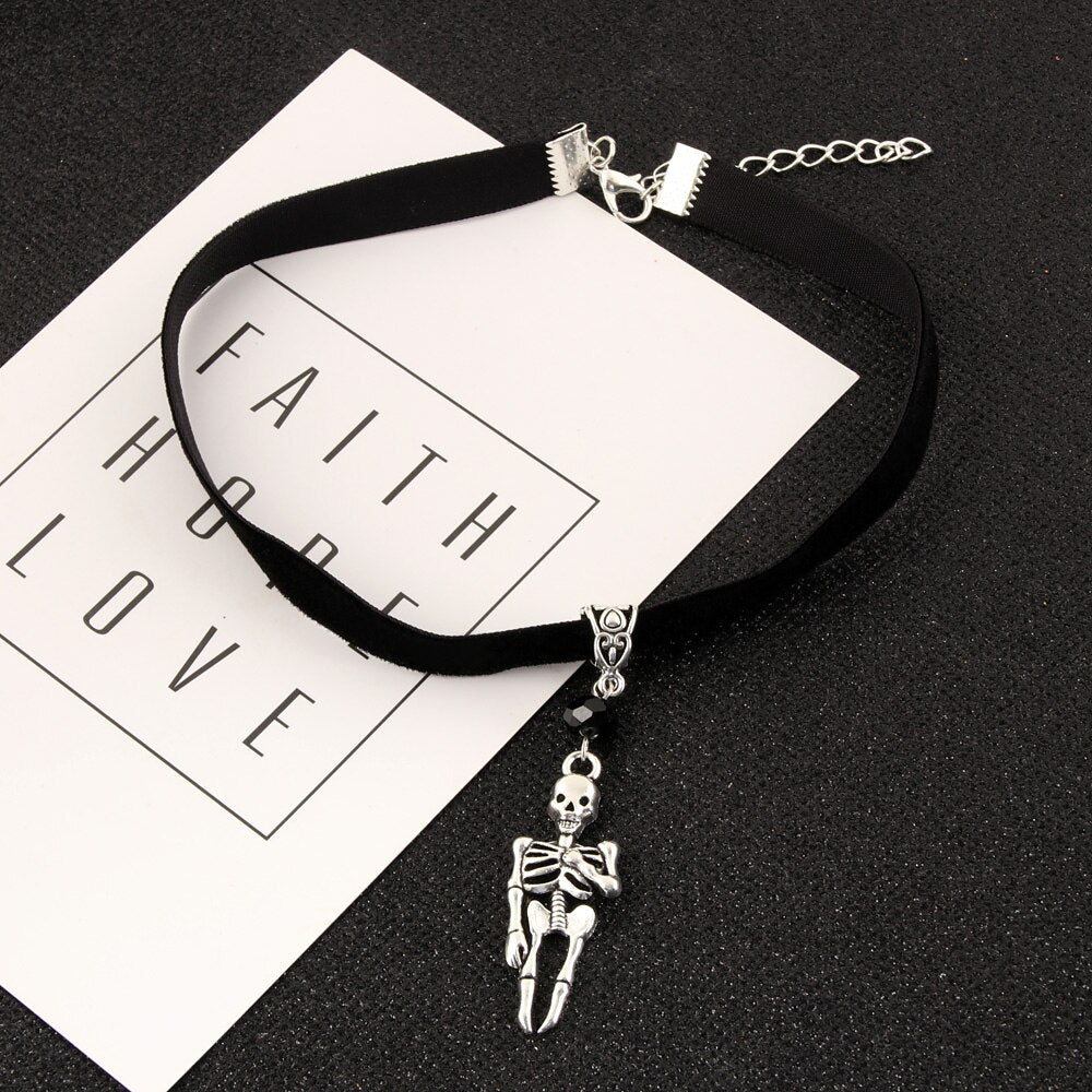 Skeleton Charms Choker Gothic Necklace Witch Pagan Black Faux Suede Cord Collar Jewelry