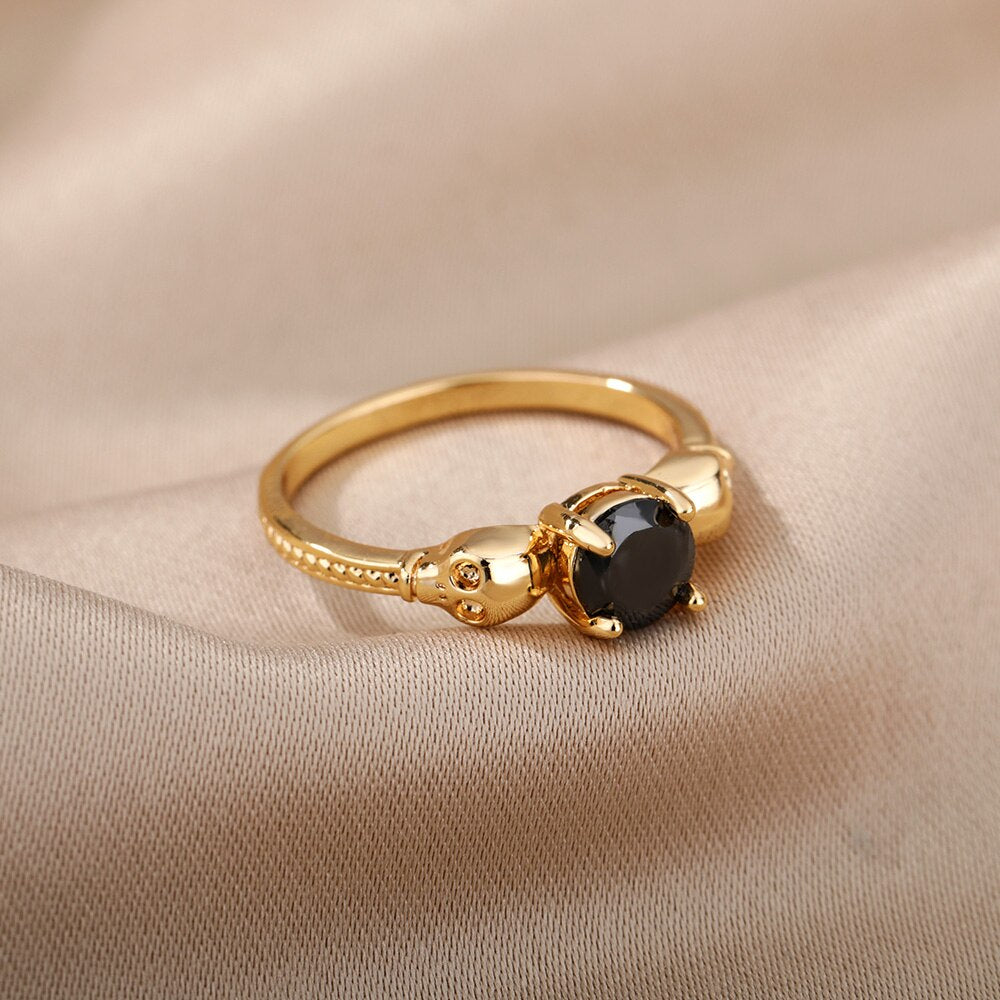 Skull Black Zircon Rings For Women Men Stainless Steel Gold Color Finger Ring Couple Wedding Boho Jewelry anillos mujer