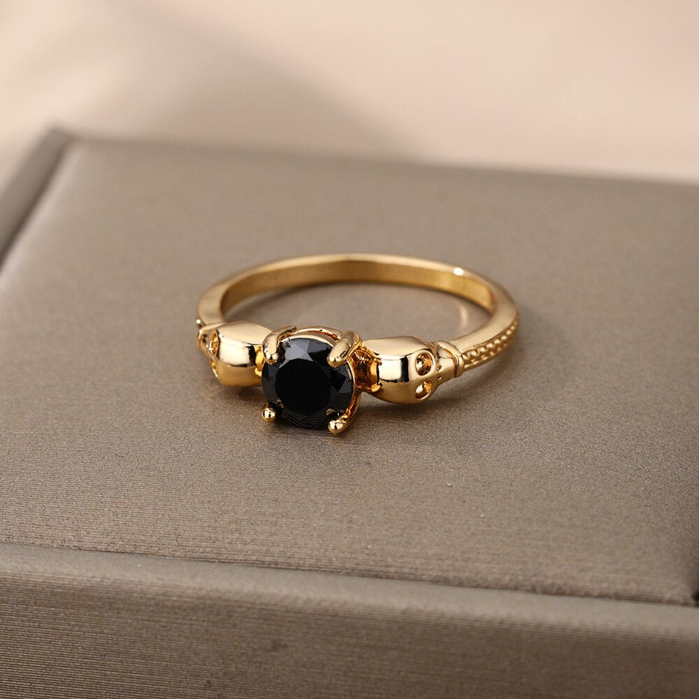 Skull Black Zircon Rings For Women Men Stainless Steel Gold Color Finger Ring Couple Wedding Boho Jewelry anillos mujer
