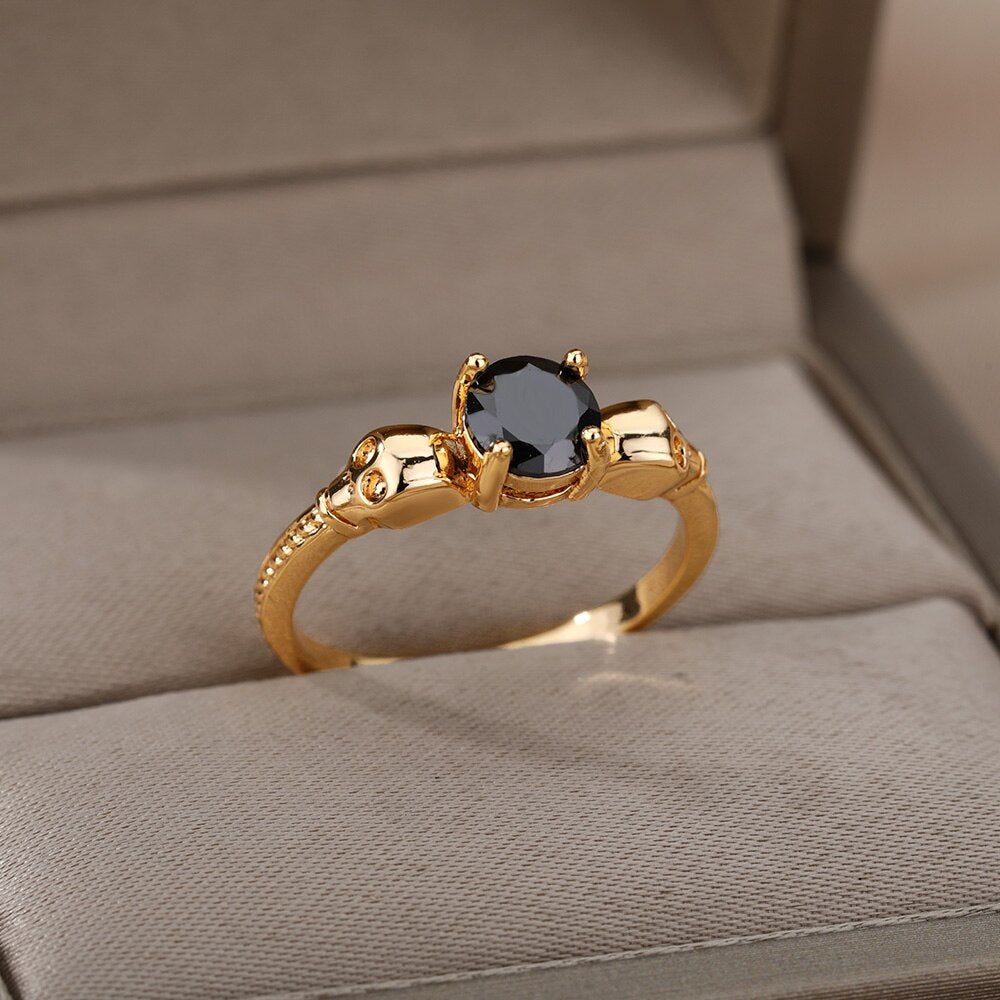 Skull Black Zircon Rings For Women Men Stainless Steel Gold Color Finger Ring Couple Wedding Boho Jewelry anillos mujer
