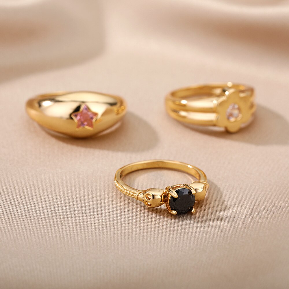 Skull Black Zircon Rings For Women Men Stainless Steel Gold Color Finger Ring Couple Wedding Boho Jewelry anillos mujer