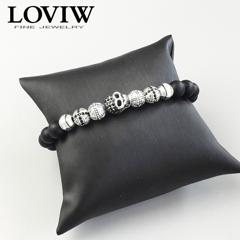 Skull Cross Bead Bracelet Thomas Style Fashion rock punk Jewelry For Men Women obsidian matted black Beaded 925 Sterling Silver