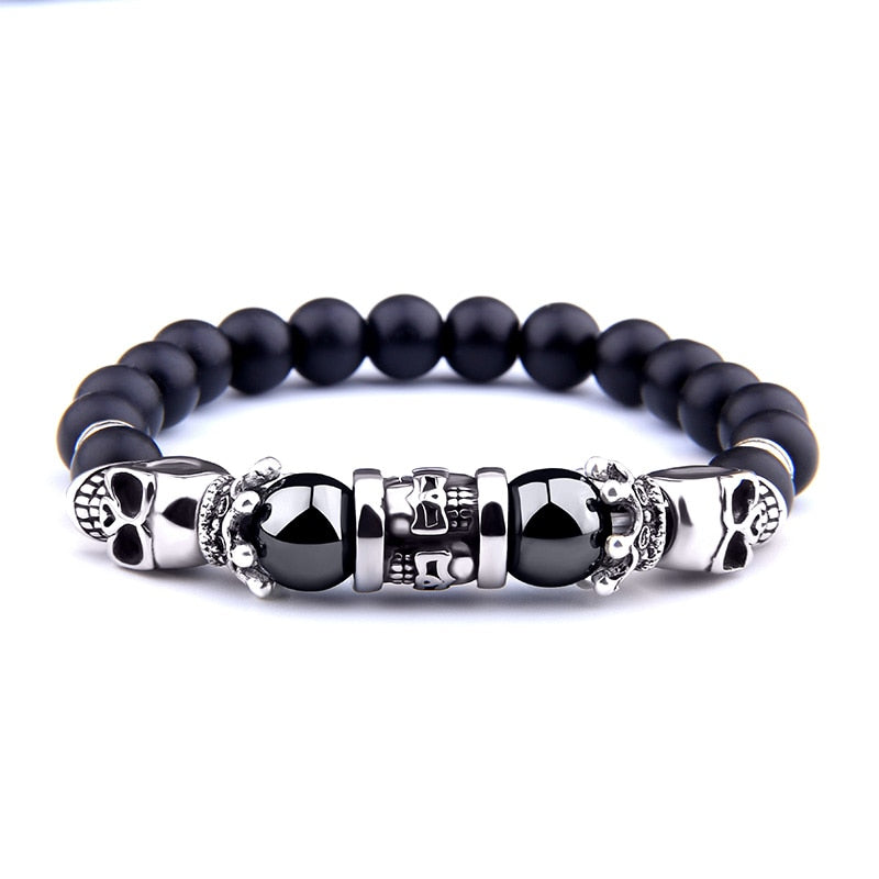 Skull Series Black Beads Bracelet Natural Hematite Bracelet Skull Head Onyx Stone Beads Charm Men Bracelet Jewelry