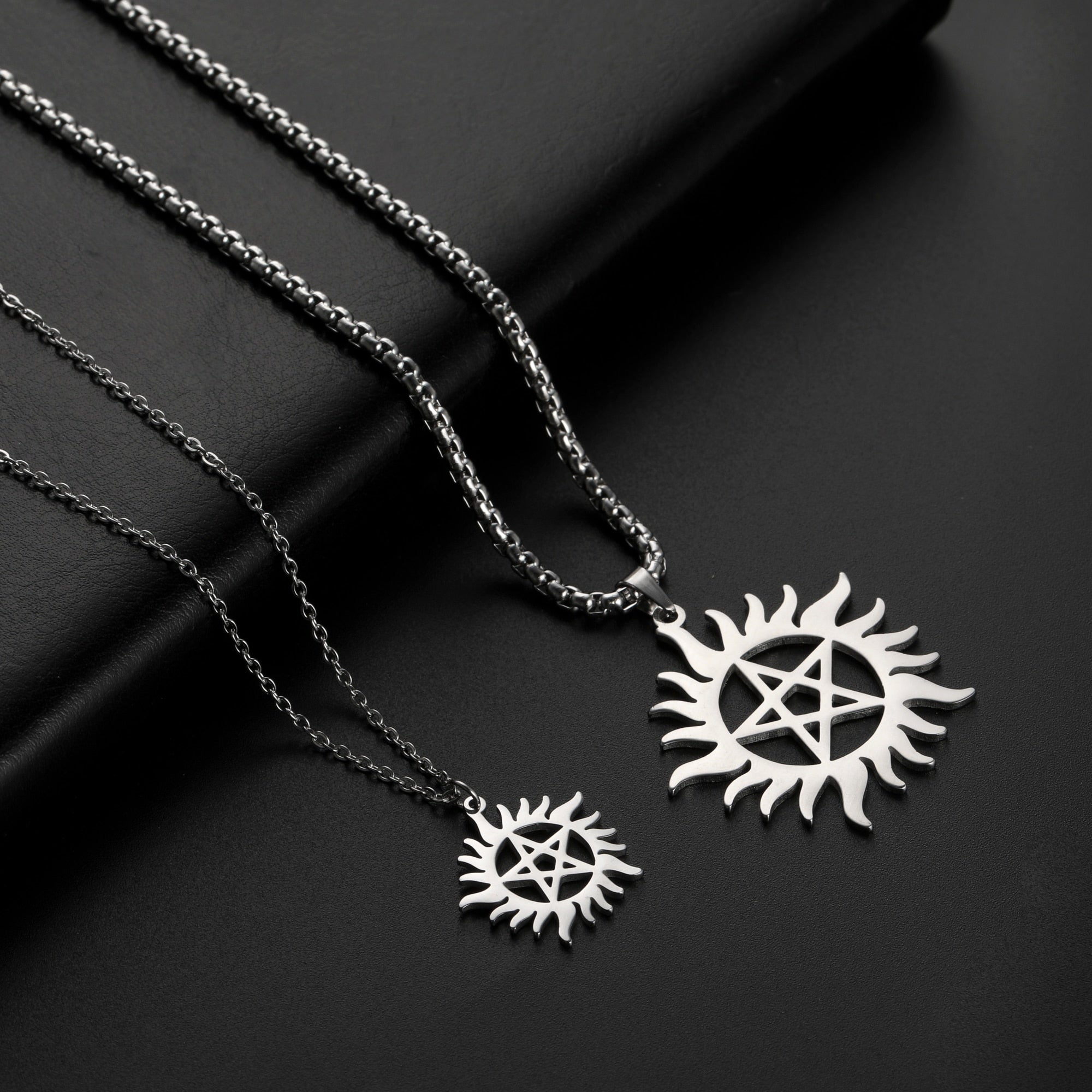 Skyrim Stainless Steel Shining Sun Pentagram Pendant Necklace Supernatural Dean Statement Box Chain Necklaces Couple Women Men