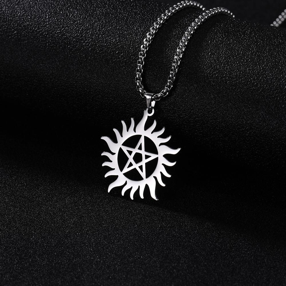 Skyrim Stainless Steel Shining Sun Pentagram Pendant Necklace Supernatural Dean Statement Box Chain Necklaces Couple Women Men