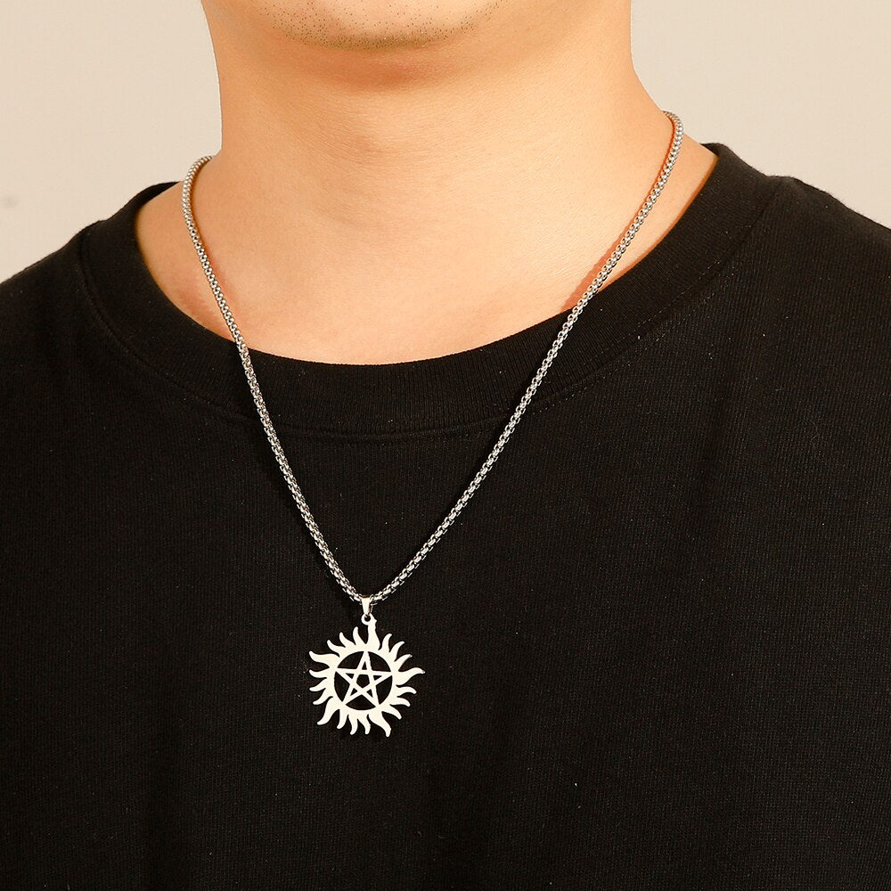 Skyrim Stainless Steel Shining Sun Pentagram Pendant Necklace Supernatural Dean Statement Box Chain Necklaces Couple Women Men